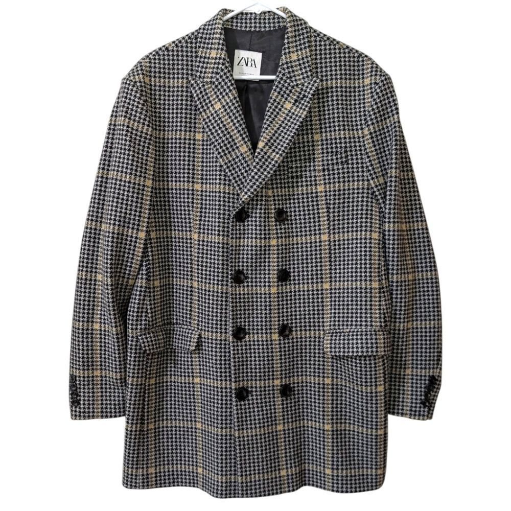 ZARA MEN'S XL (Fits M/L) Black/Gray Plaid Houndstooth Double-Breasted Long Coat
